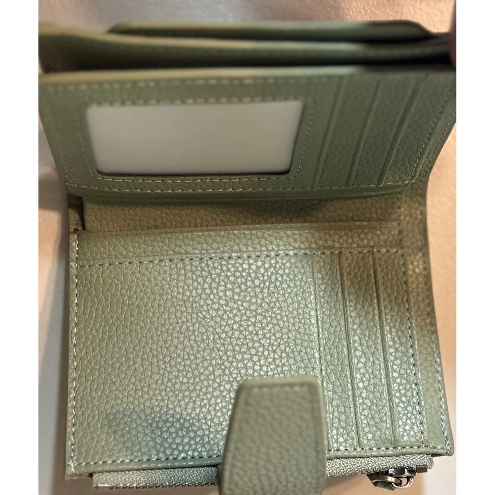 Bifold Wallet Women Small Sage Green Pebbled Faux Leather Snap Zipper NEW in box